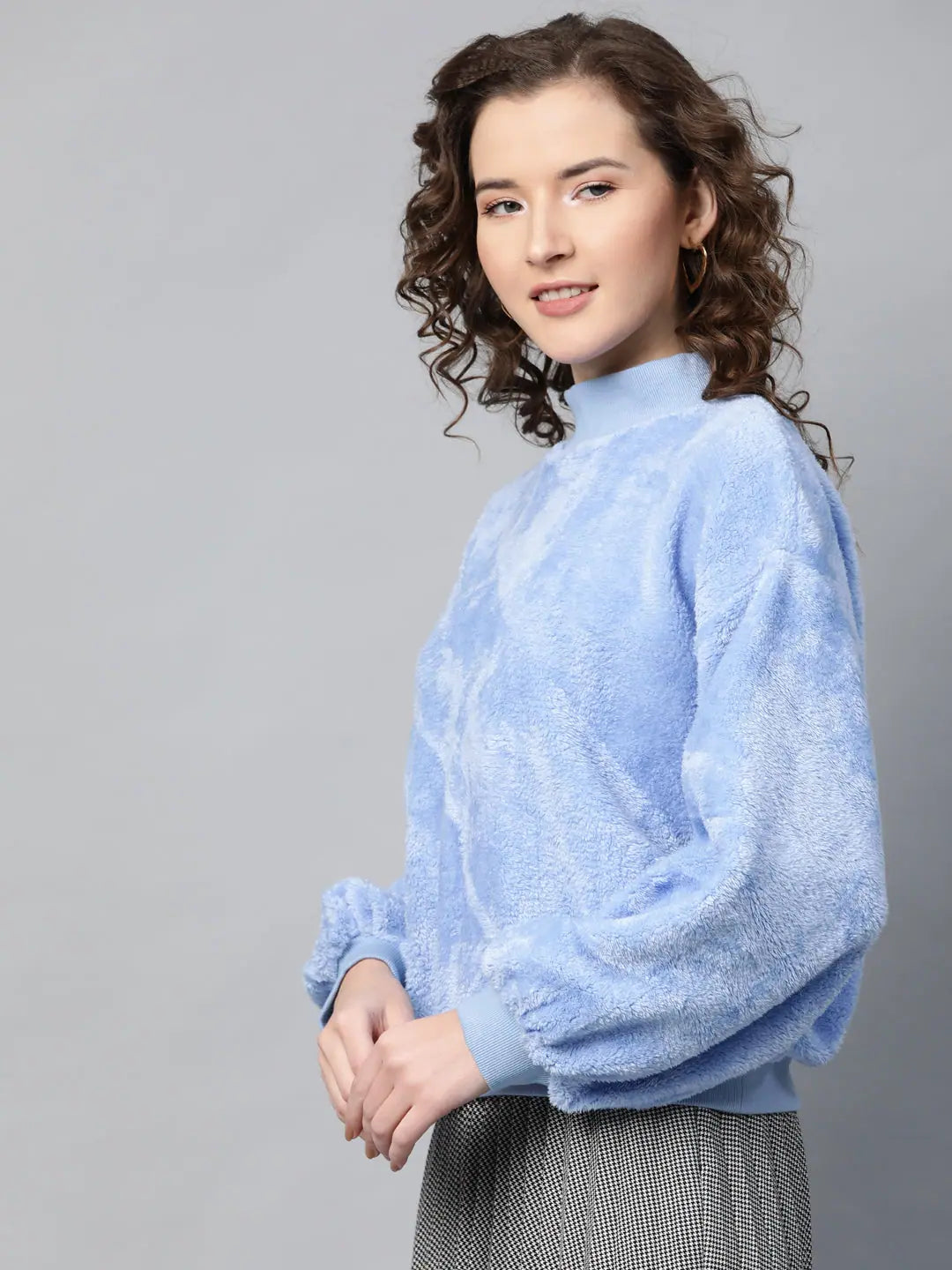 Blue Balloon Sleeve Faux Fur Sweatshirt Hoodie with Lining Warm Insulated
