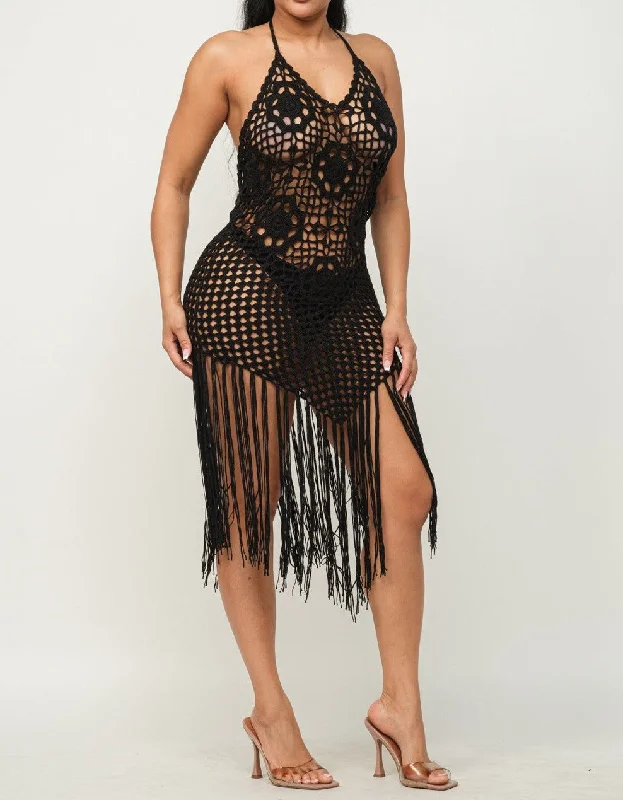 Women's Crochet Cover Up Halter Mini Dress - HER23220 Stylish Sweetheart Neck Mini Dress
