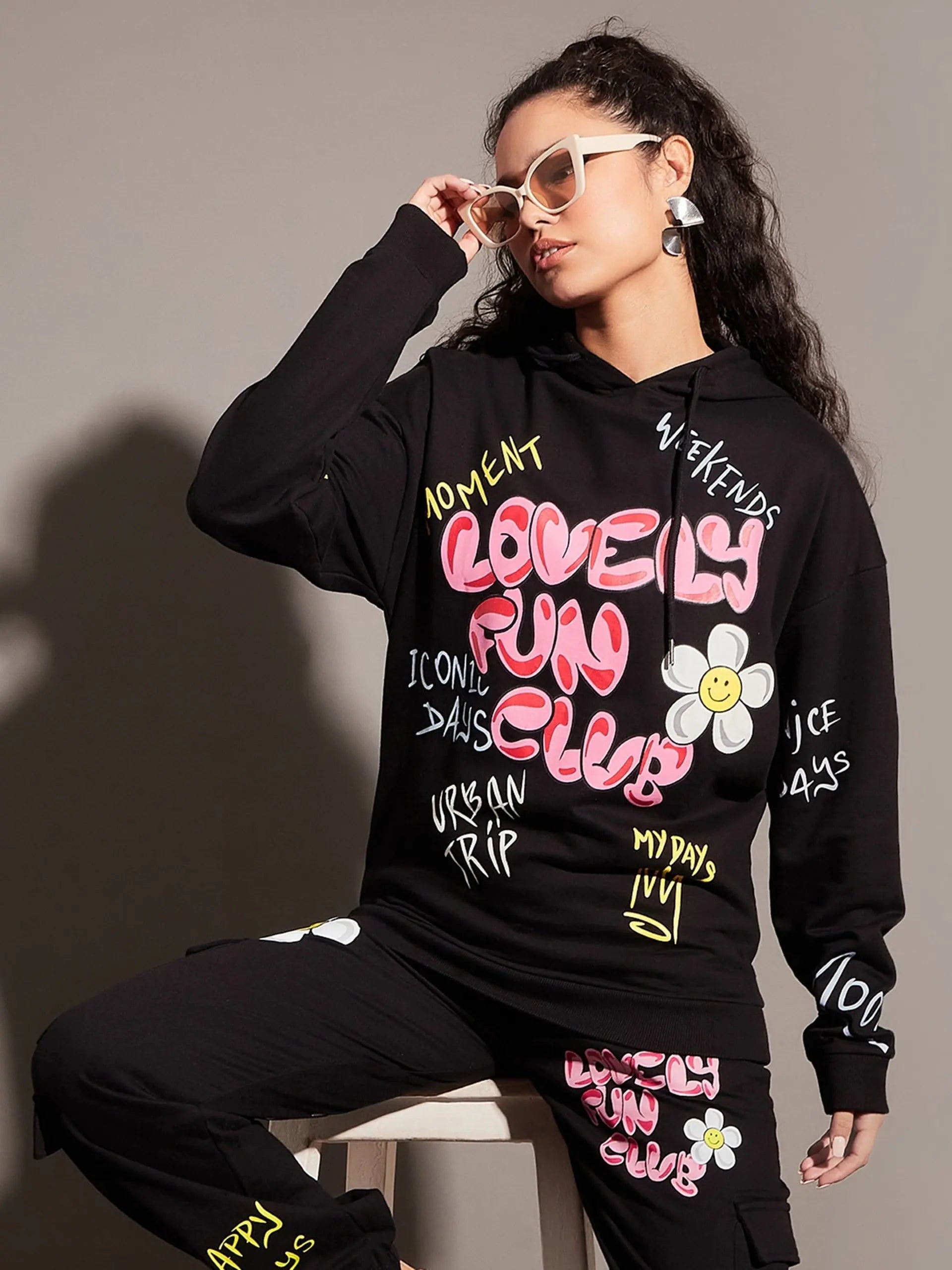 Women Black Lovely Fun Club Hoodie Hoodie with Oversized Fit Loose Comfortable