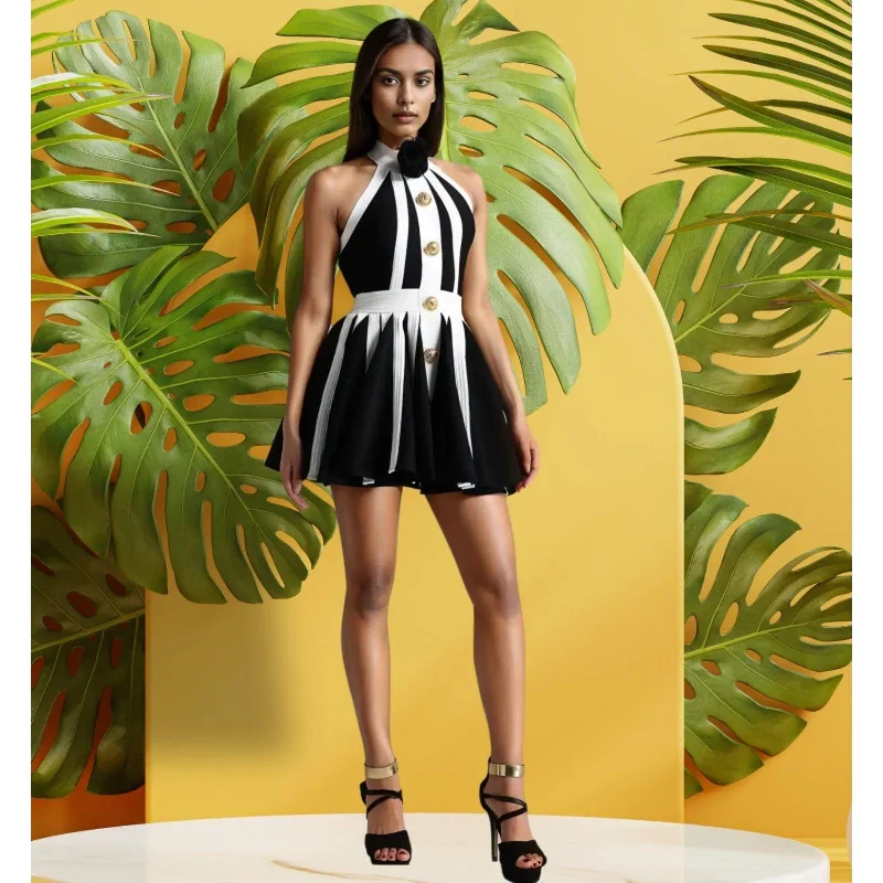 Black & White Halter Mini Dress Stylish Ruffle Mini Dress