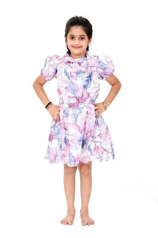 Girls Fancy Georgette Party Dress with Floral Prints and Puff Sleeves Boatneck Modish Everyday
