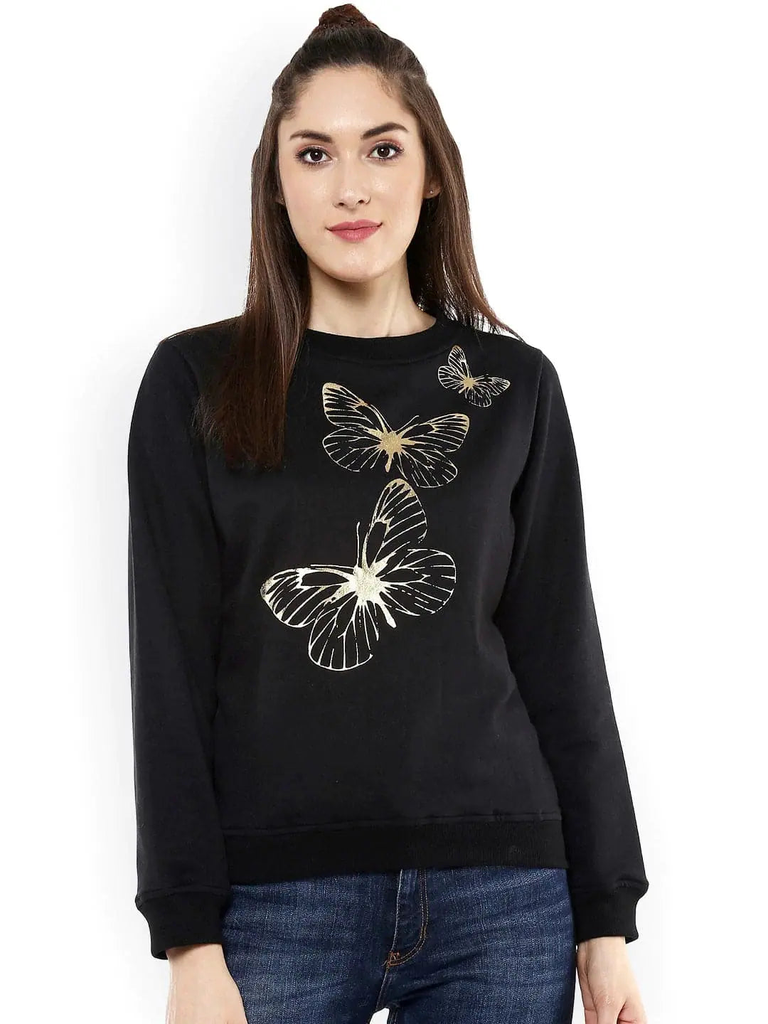 Black Sweatshirt with Foil Print Hoodie with Ribbed Hem Stretchable Secure