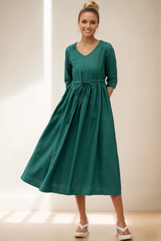 Plus size casual midi linen dress 4975 Crew Neckline Sporty