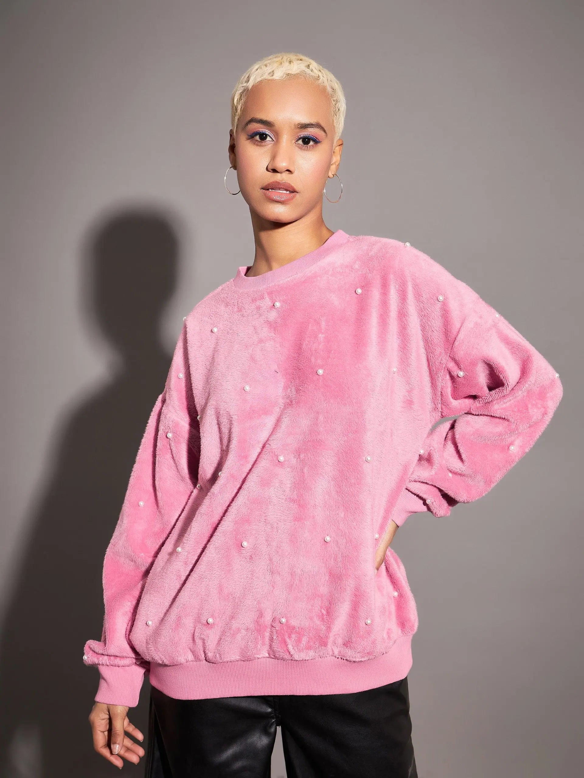 Women Pink Fur Pearl Sweatshirt Hoodie with Mock Neck Collared Structured