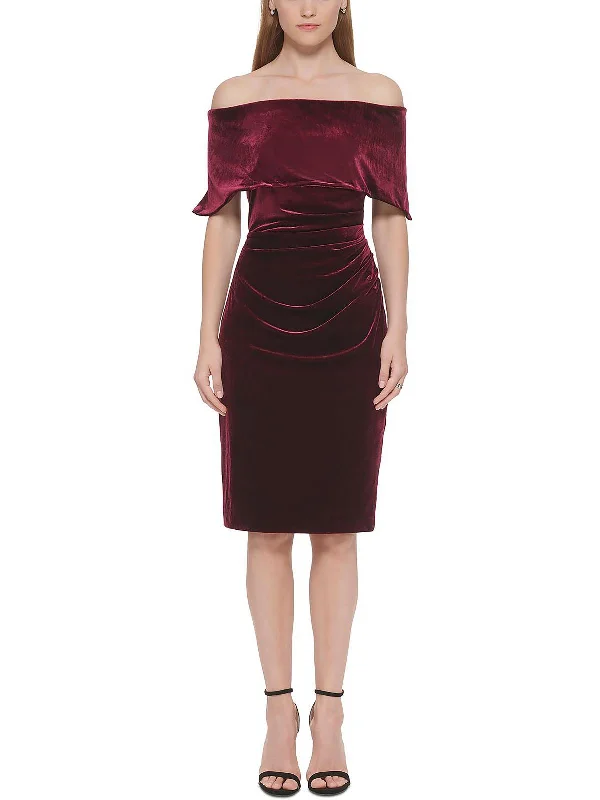 Womens Velvet Mini Cocktail and Party Dress Off-the-shoulder Chic Trendy