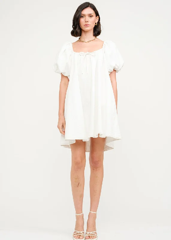 Jennie Denim Babydoll Mini Dress - Off-White Elegant Mini Dress with Pleats