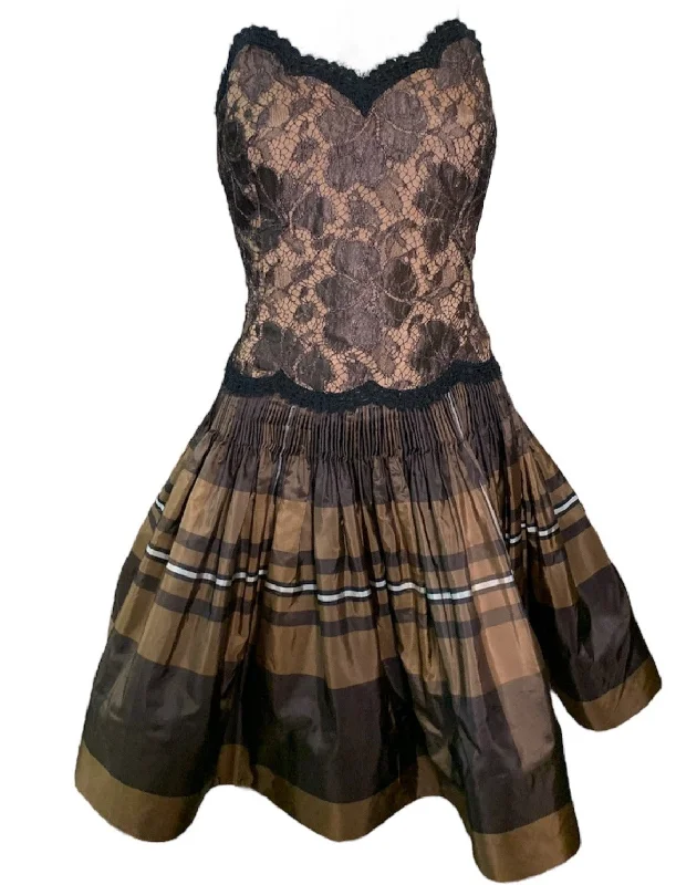 Geoffrey Beene 90s Brown Taffeta and Lace Tartan Cocktail Dress Tunics Sale discount Geoffrey Beene 90s Brown Taffeta and Lace Tartan Cocktail Dress Tunics Sale discount