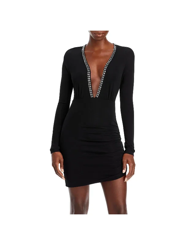 Alexi Womens Deep V-Neck Embellished Cocktail and Party Dress Tunics Stylish modern