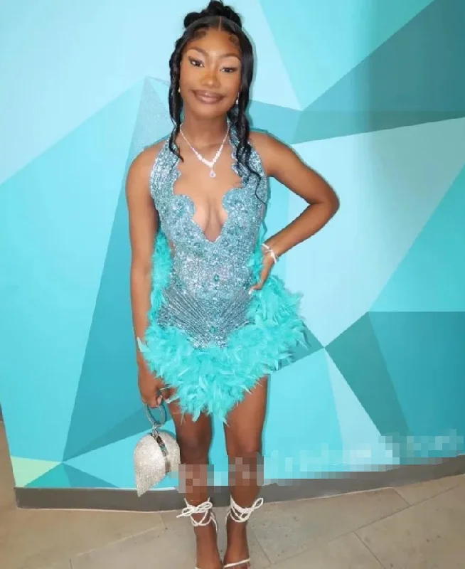 Luxury Feather Diamante Short Homecoming Prom Dress For Black Girls Glitter Beaded Mini Dress Birthday Party Trendy Off-Shoulder Dress Mini