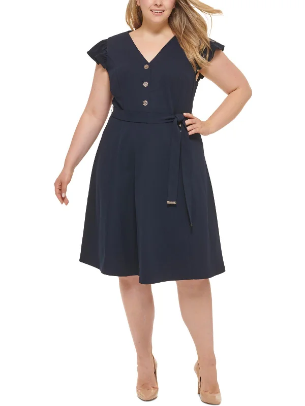 Plus Womens Knit Ruffle Sleeves Cocktail and Party Dress Tunics Short Trendy