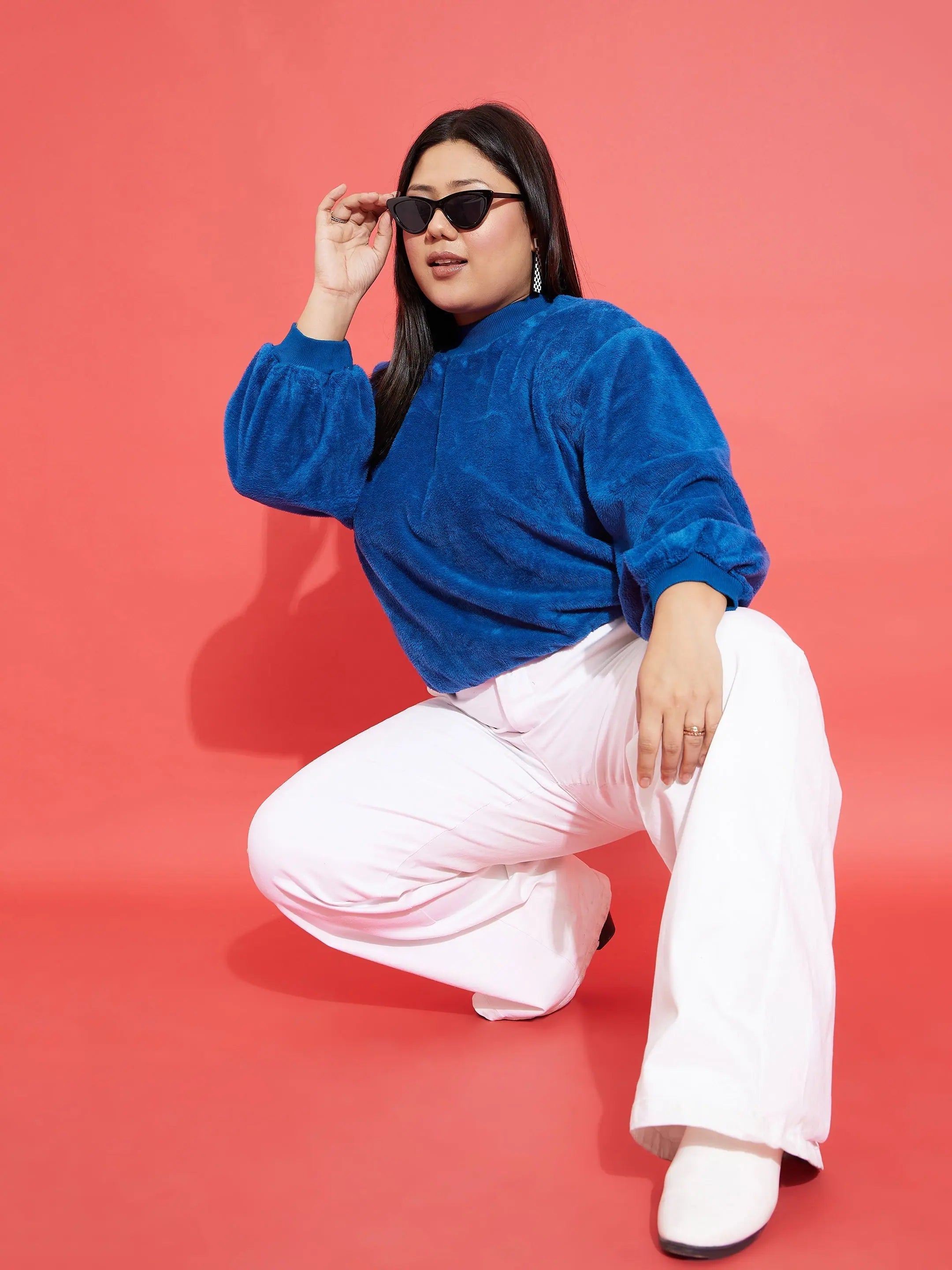 Women Royal Blue Fleece Fur High Neck Sweatshirt Hoodie with Tied Waist Feminine Flattering Women Royal Blue Fleece Fur High Neck Sweatshirt Hoodie with Tied Waist Feminine Flattering