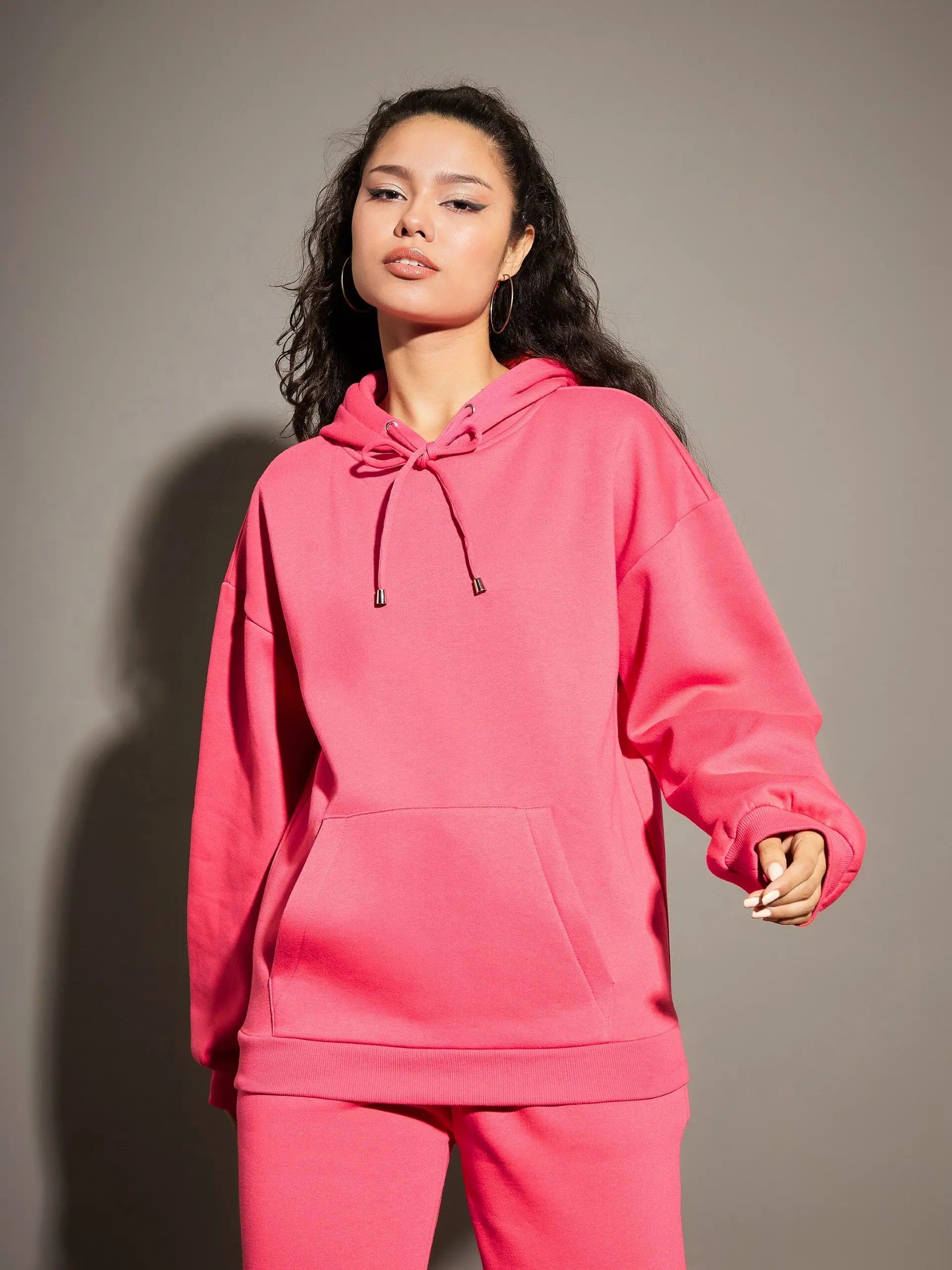 Women Pink Fleece Oversized Hoodie Hoodie with Oversized Fit Loose Comfortable