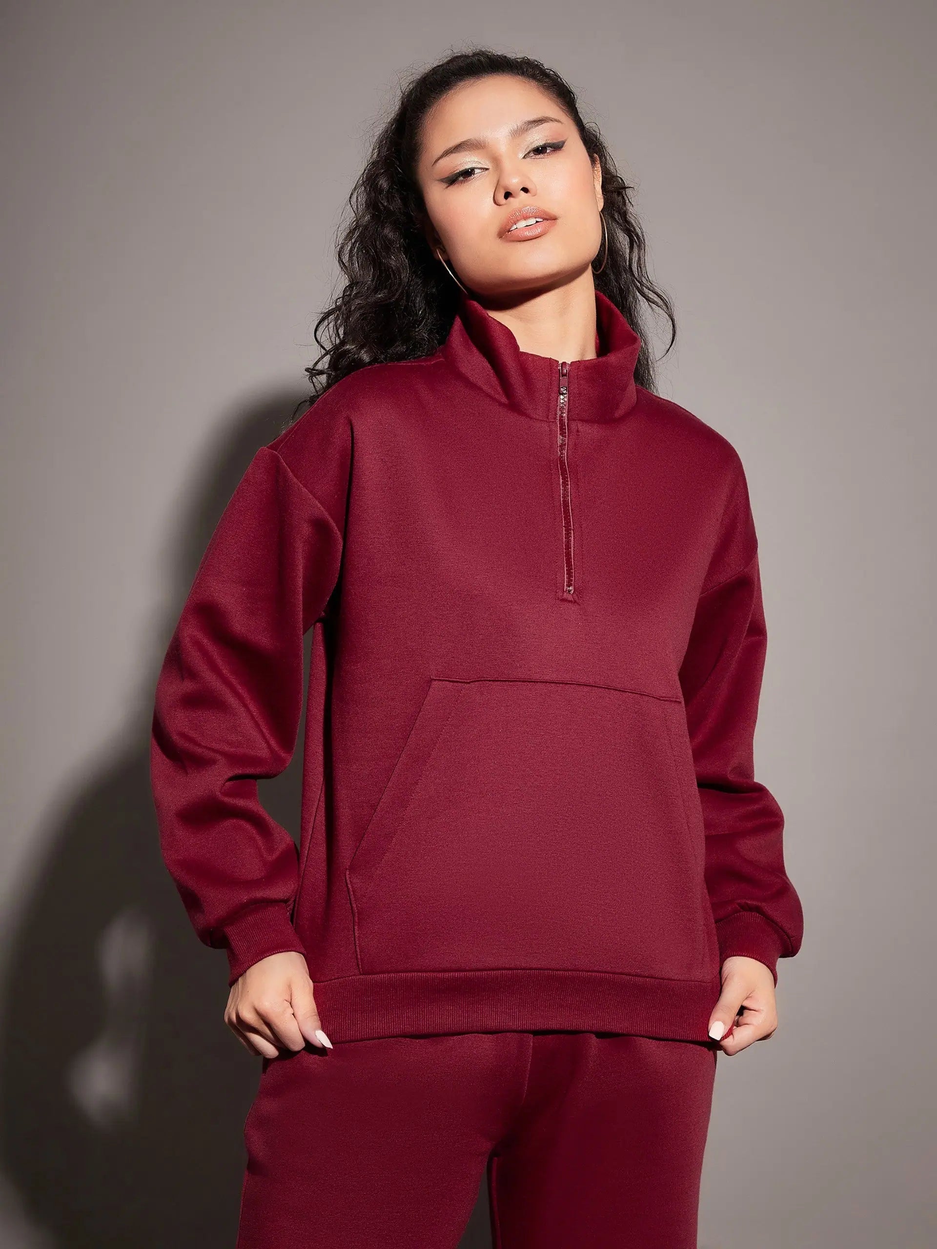 Women Maroon Fleece Front Zipper Sweatshirt Hoodie with Slim Fit Tailored Modern