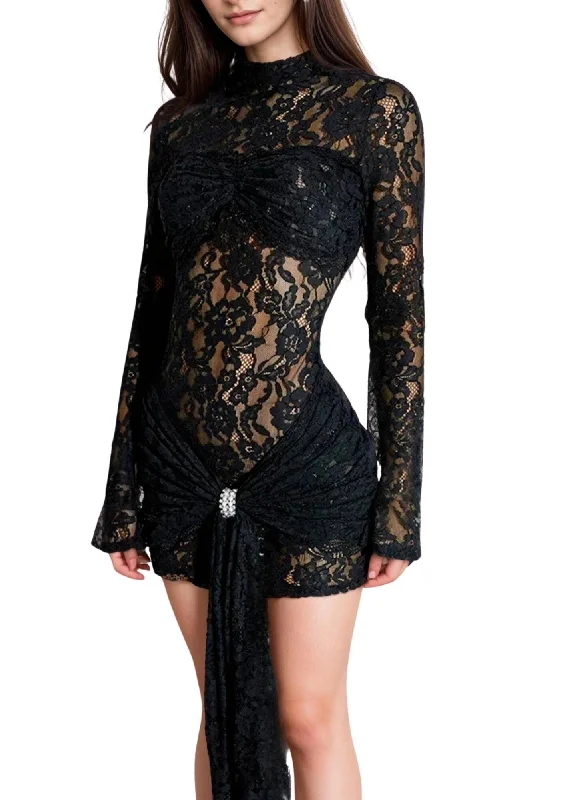 Long Sleeve Sexy Black Lace Mini Dress For Women Fashion Black See Through Draped Ruched Bodycon Club Party Dress Tunics Denim casual