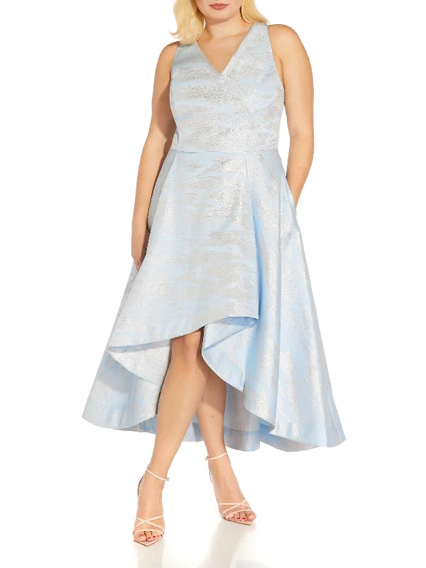 Plus Womens Metallic Tea-Length Cocktail and Party Dress Peplum Ruffle Cocktail
