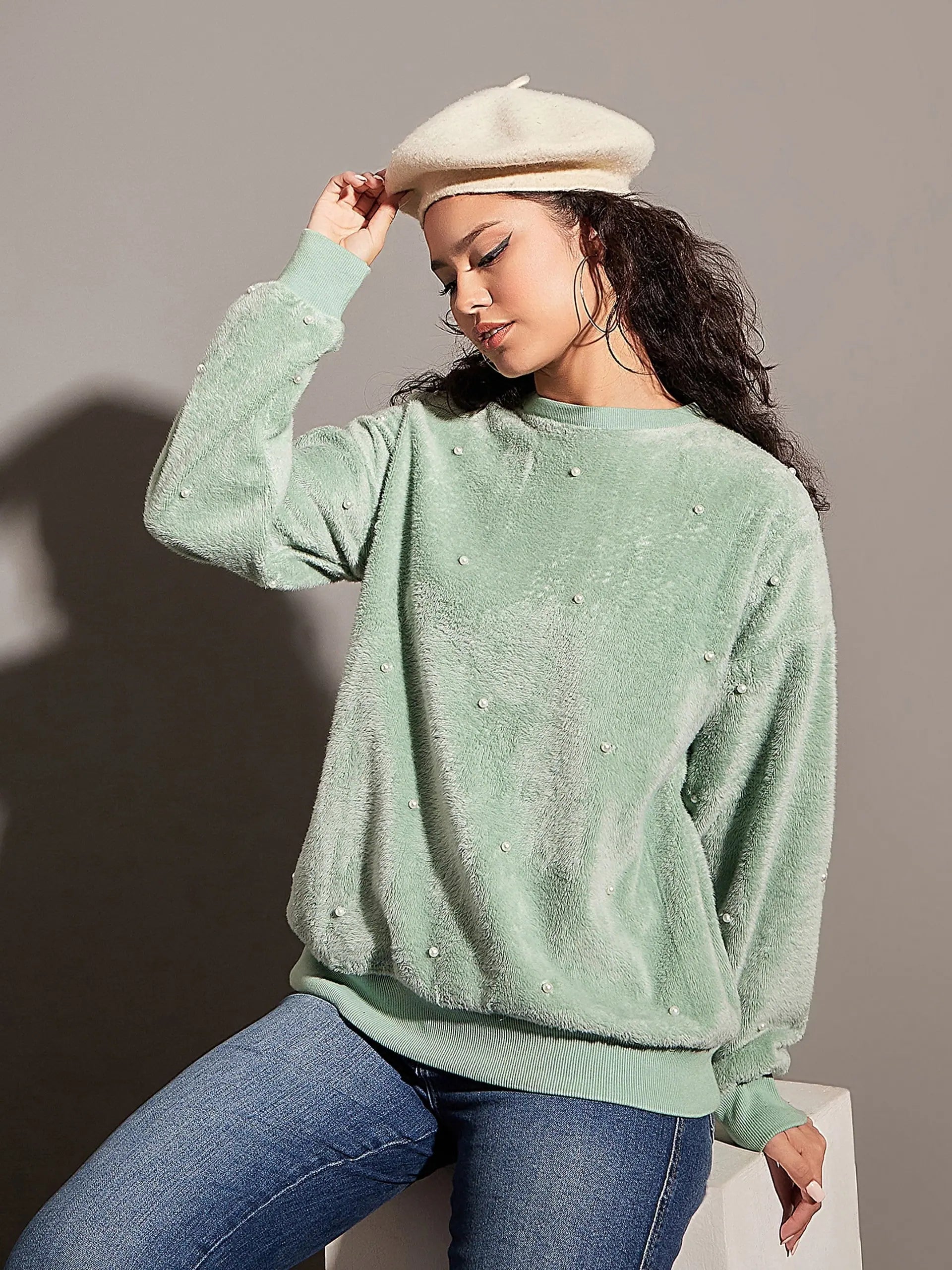 Women Sea Green Fur Pearl Sweatshirt Hoodie with Pocket Utility Practical