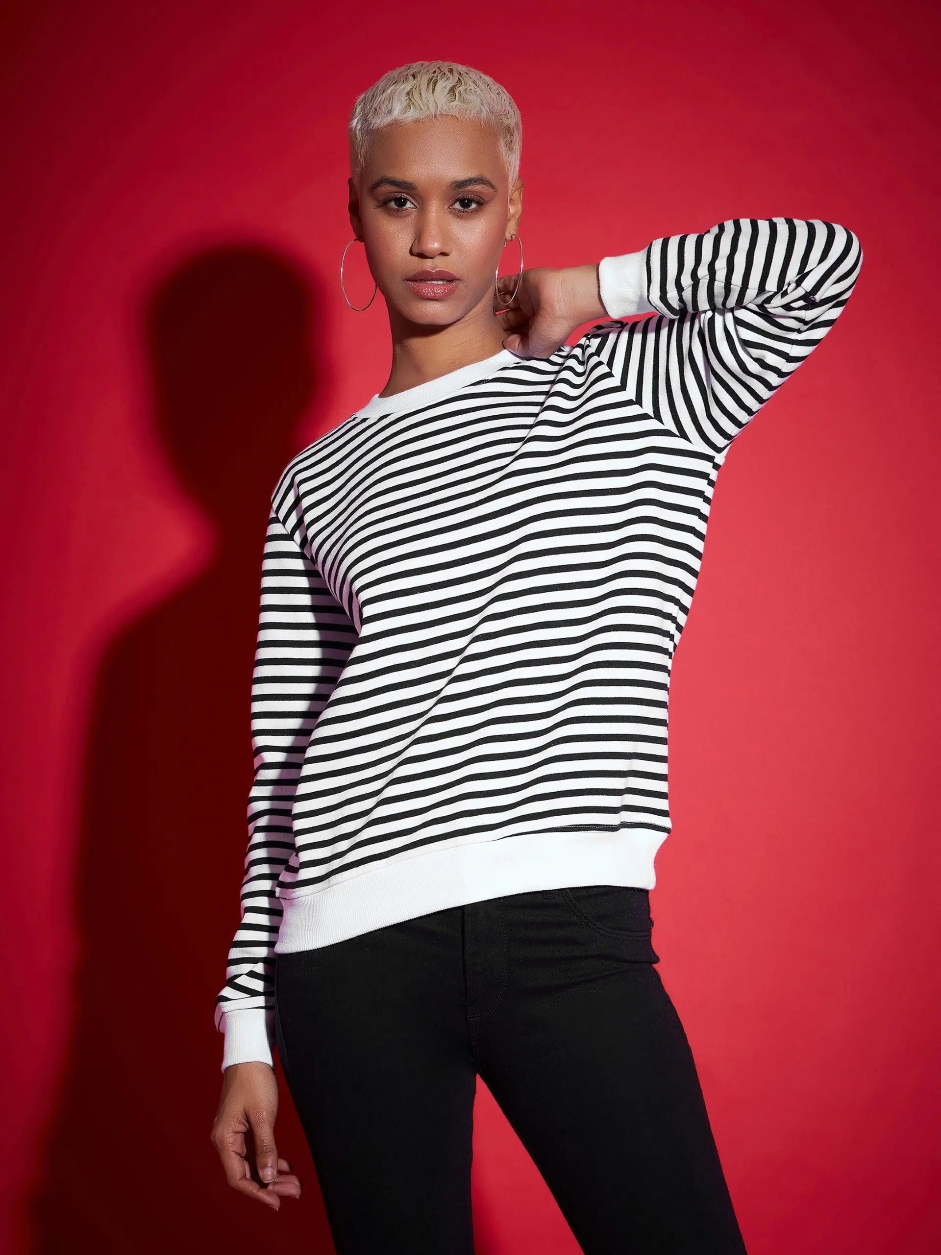 Women Black & White Striped Fleece Sweatshirt Hoodie with Contrast Stitching Detailed Premium Women Black & White Striped Fleece Sweatshirt Hoodie with Contrast Stitching Detailed Premium