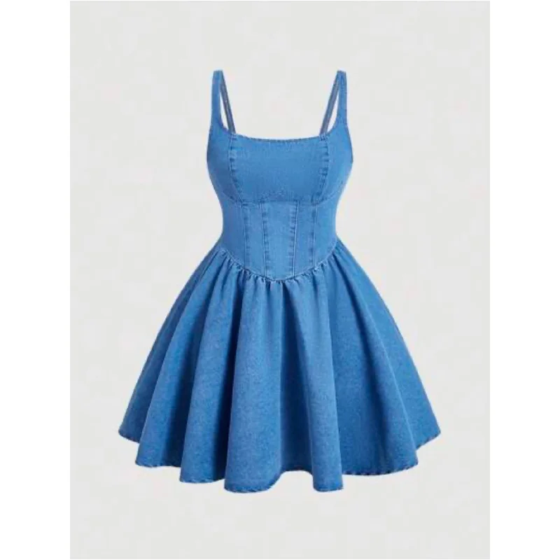 Denim Corset Skater Mini Dress. Cozy A-Line Mini Dress