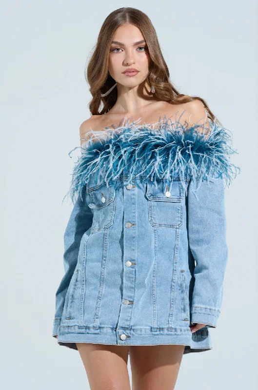 CHIC AF DENIM MINI DRESS WITH FEATHERS Elegant Vintage Mini Dress