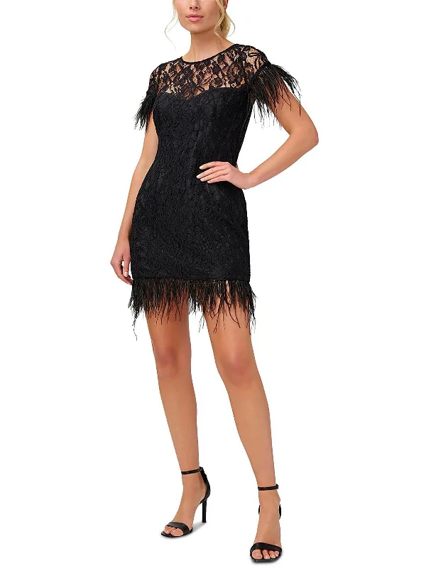Womens Feather Trim Mini Cocktail and Party Dress High-Low Hemline Casual