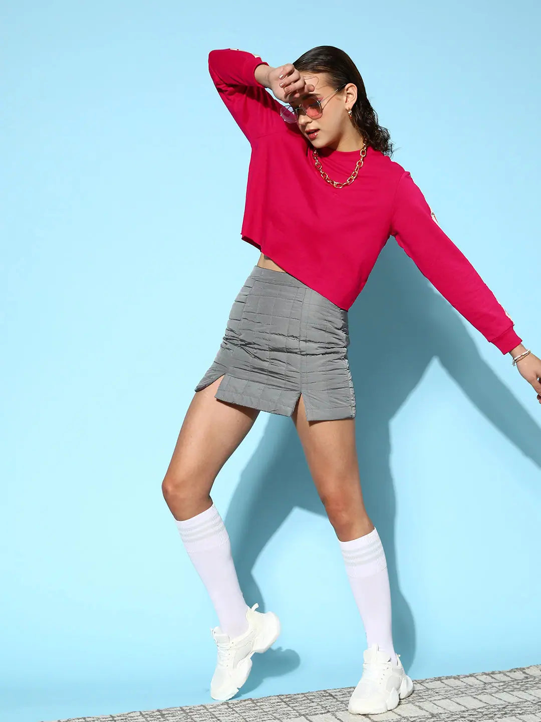 Women Fuchsia Double Tape Boxy Crop Sweatshirt Hoodie with Hem Ribbing Snug Secure