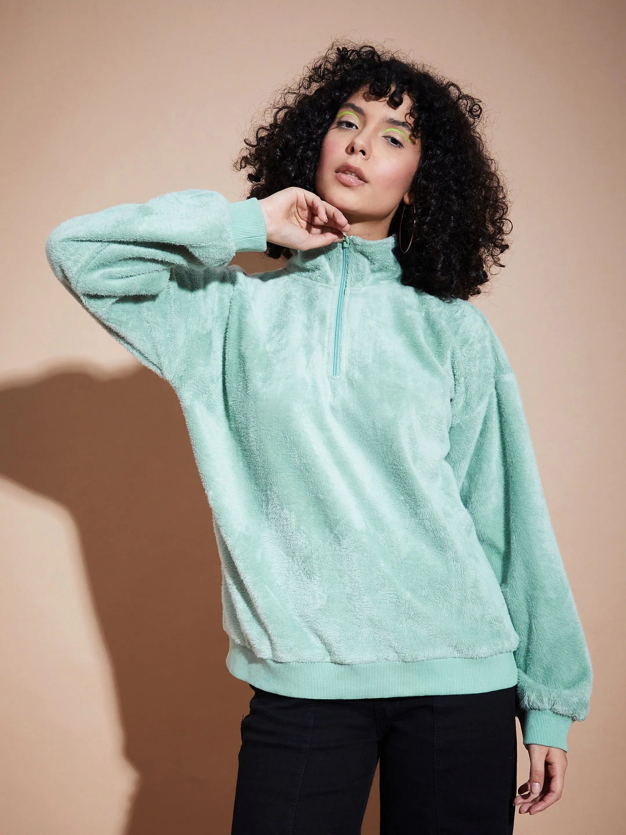 Women Green Front Zipper High Neck Sweatshirt Hoodie with Contrast Stitching Detailed Premium Women Green Front Zipper High Neck Sweatshirt Hoodie with Contrast Stitching Detailed Premium
