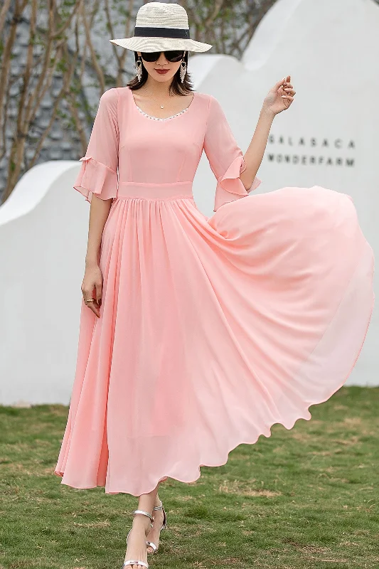 pink half sleeve fit&flare swing maxi chiffon dress 271901 Tunics Stylish elegant