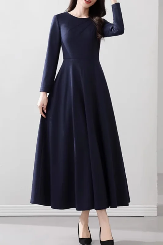 Navy blue swing long wool dress 5535 Elegant Long Evening