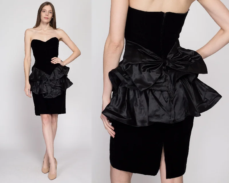 XS 80s Black Velvet & Satin Peplum Party Dress Tunics Yoga stretchy