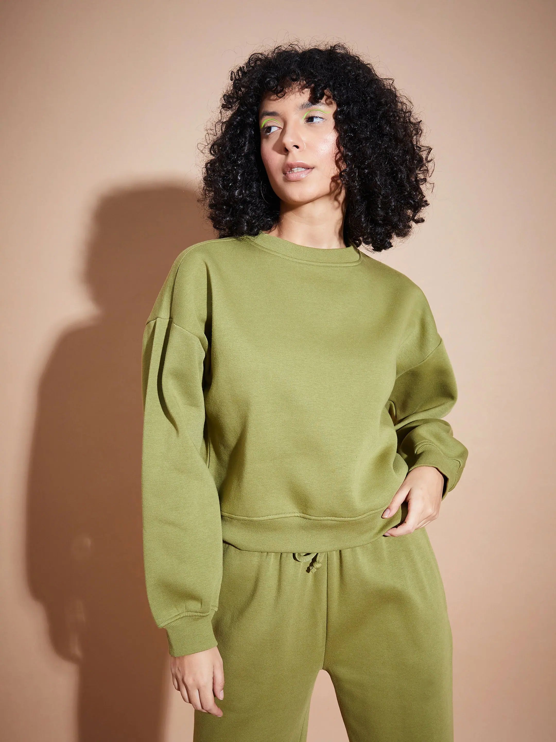 Women Olive Premium Fleece Oversized Sweatshirt Hoodie with Frayed Bohemian Relaxed