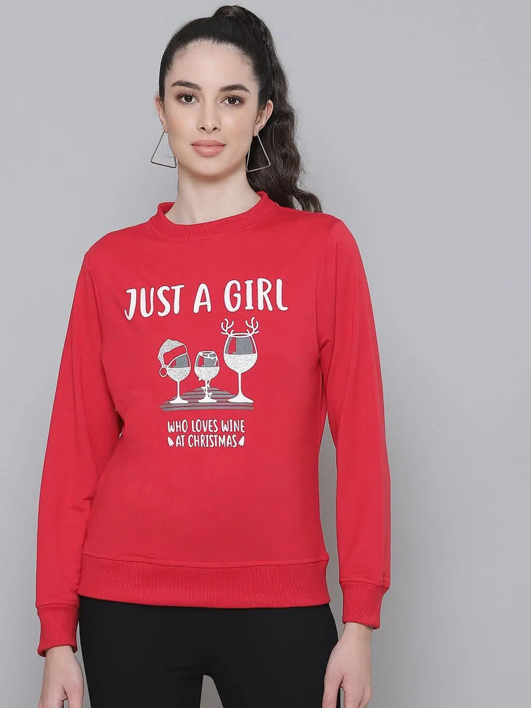 Red Terry JUST A GIRL Sweatshirt Hoodie with Drop Shoulder Relaxed Streetwear