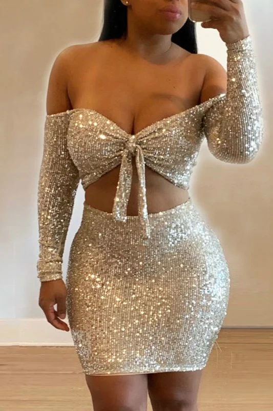 Chic Gold Sequins Long Sleeve Short Homecoming Dresses Mini Dress Online Stylish Ribbed Mini Dress