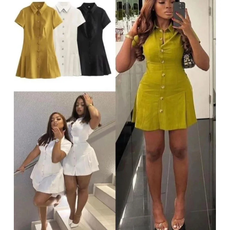 Button Detailed Short Sleeve Mini Dress. Chic Halter Mini Dress