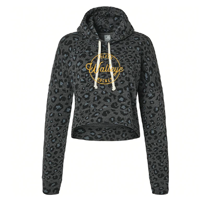Toledo Walleye Ladies Black Leopard Cropped Hoodie Hoodie with Elastic Cuffs Stretchable Comfortable