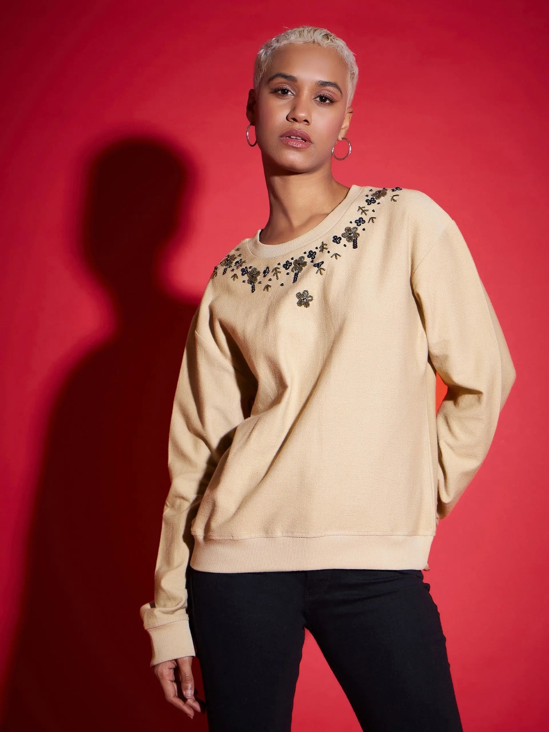 Women Beige Terry Neck Embroidered Reverse Terry Sweatshirt Hoodie with Raw Hem Edgy Unfinished Women Beige Terry Neck Embroidered Reverse Terry Sweatshirt Hoodie with Raw Hem Edgy Unfinished