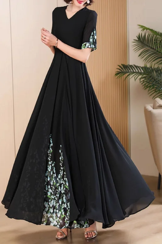 Maxi patchwork black long chiffon dress 5012 Boat Neckline Classic