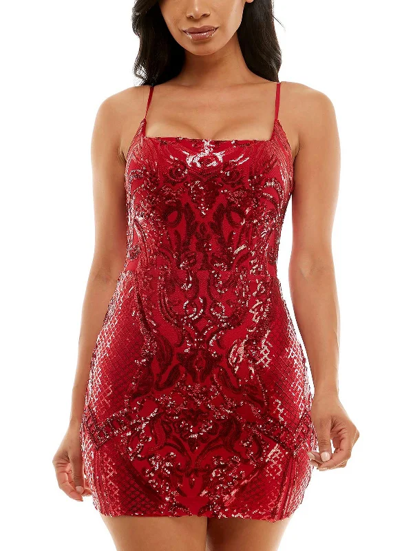 Juniors Womens Sequined Square Neck Cocktail and Party Dress Tunics Stylish modern