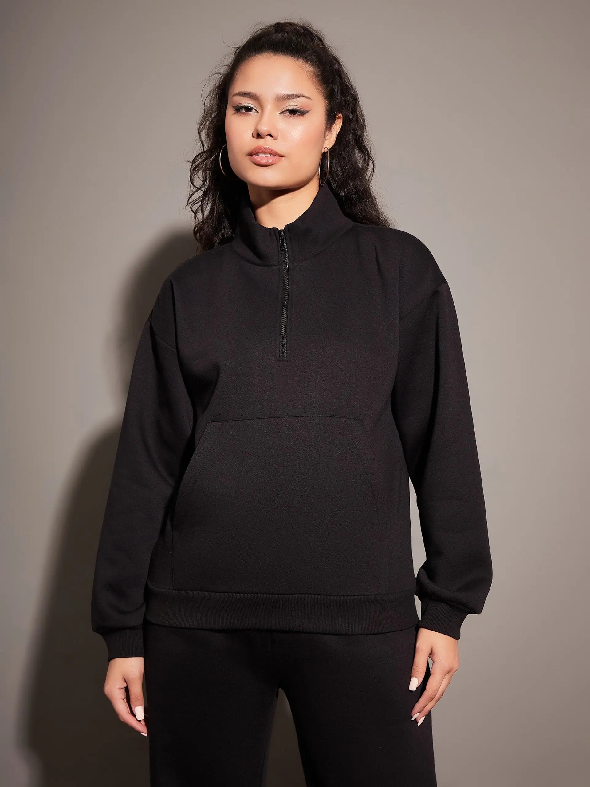 Women Black Fleece Front Zipper Sweatshirt Hoodie with V-Neck Classic Versatile