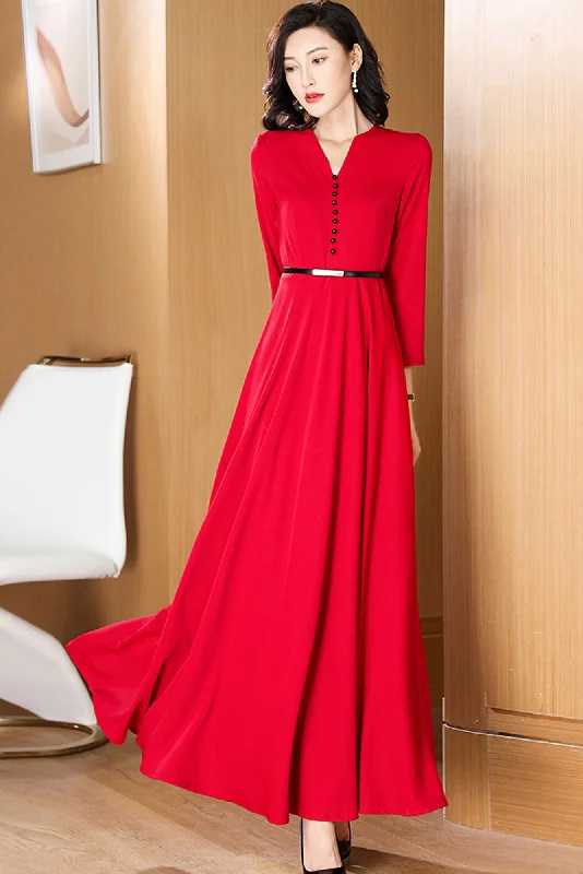 Red V-neck Single breasted dress, High waist Long dress 3199 Tunics Exclusive limited Red V-neck Single breasted dress, High waist Long dress 3199 Tunics Exclusive limited