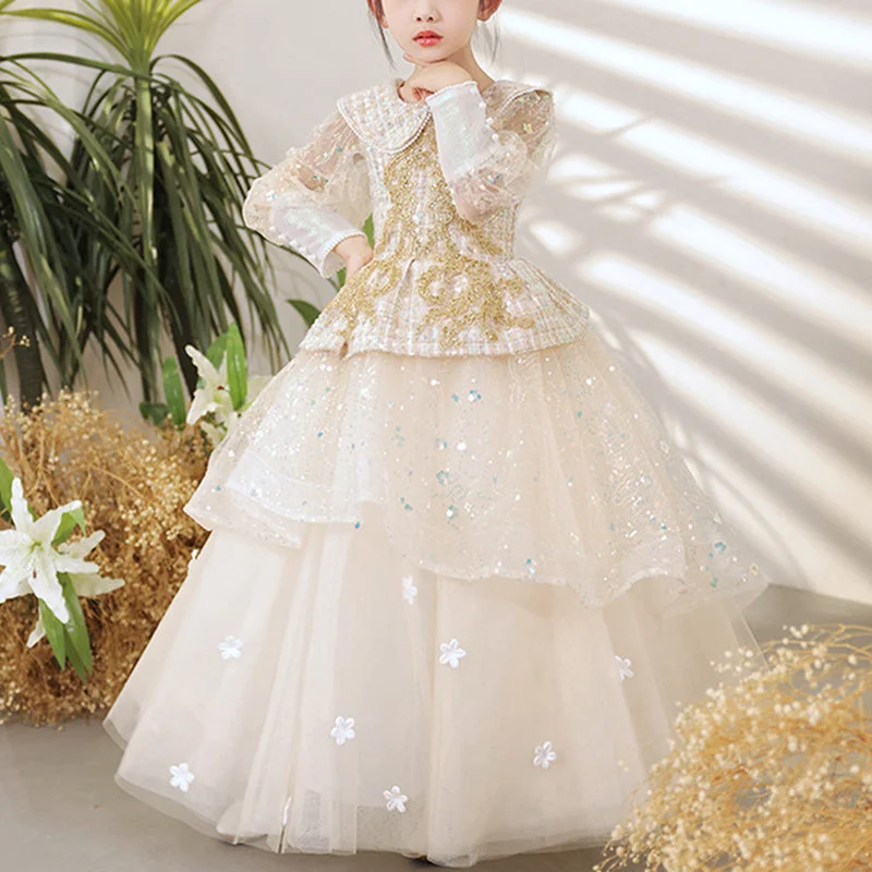 Girl Communion Easter Dress Champagne Sequin Long Sleeve Floral Birthday Princess Dress Tunics Fashionable trendy Girl Communion Easter Dress Champagne Sequin Long Sleeve Floral Birthday Princess Dress Tunics Fashionable trendy