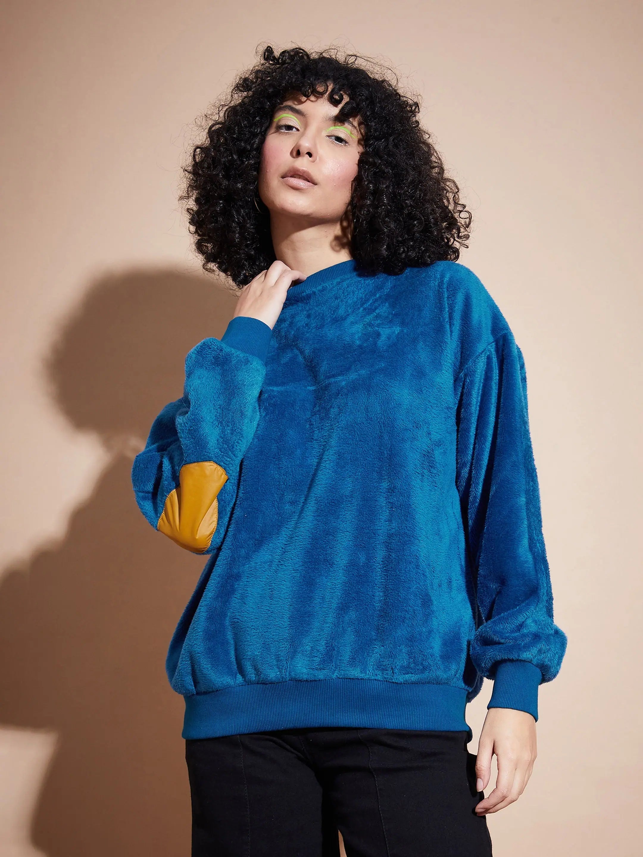 Women Blue Elbow Patch Fur Round Neck Sweatshirt Hoodie with Earth Tones Natural Calm Women Blue Elbow Patch Fur Round Neck Sweatshirt Hoodie with Earth Tones Natural Calm