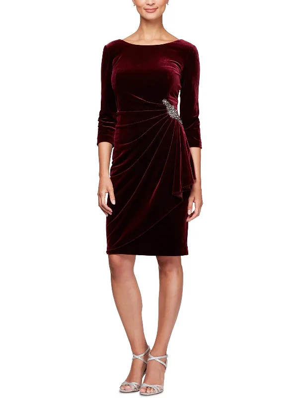 Womens Velvet Knee Cocktail and Party Dress Glittery Long Formal