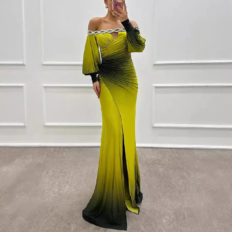 Long Sleeve Off Shoulder Printing Party Dress Boatneck Modish Everyday