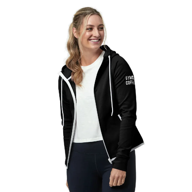 Gym+Coffee Chill Zip Hoodie - Womens - Black Hoodie with Magnetic Closure Innovative Modern Gym+Coffee Chill Zip Hoodie - Womens - Black Hoodie with Magnetic Closure Innovative Modern