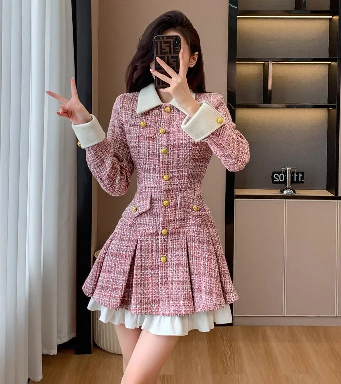 Flirty Plaid Tweed Mini Dress (Pink) Chic Halter Mini Dress