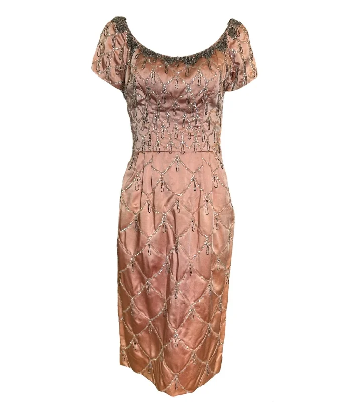 Ceil Chapman 1950s Coral Pink Beaded Dress Tunics Print Colorful
