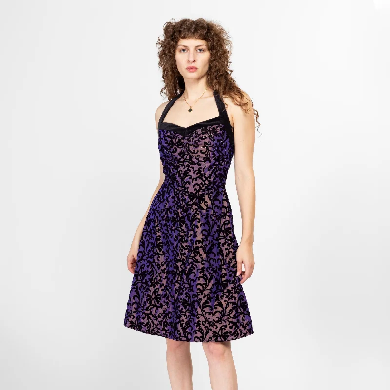 Small 90s Purple & Black Flocked Velvet Halter Party Dress Size 6 Turtleneck Warm Winter