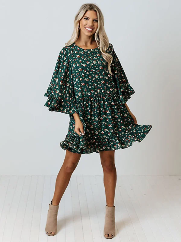 Women's leopard print bat long sleeve splicing dress Tunics Chinos classic