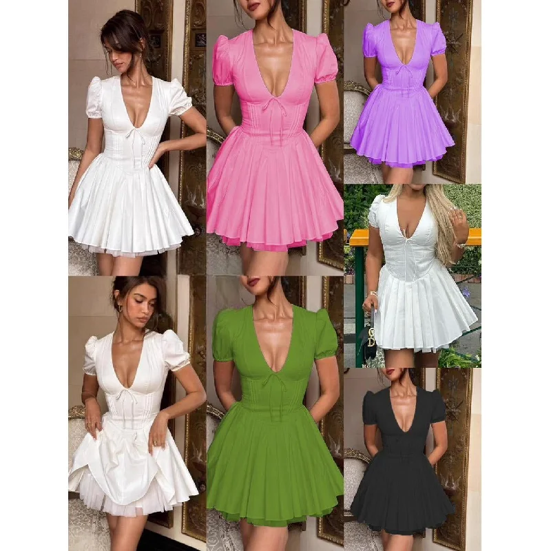Sexy Open V-Neck Pleated Mini Dress. Fashionable Mini Dress with Pockets