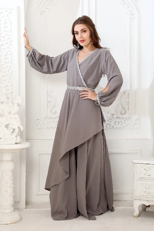 Minimalistic Designer Abaya in Grey Kaftan Dress Tunics Velvet soft
